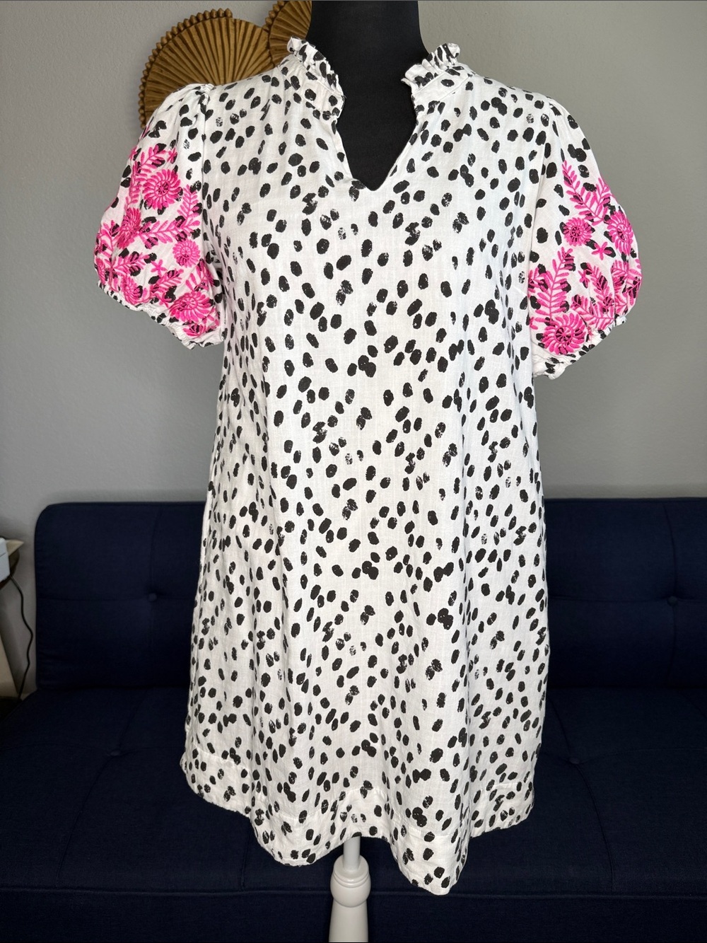 JODIFL Black and White Polka Dot Mini Dress with Pink Floral Sleeves size Small